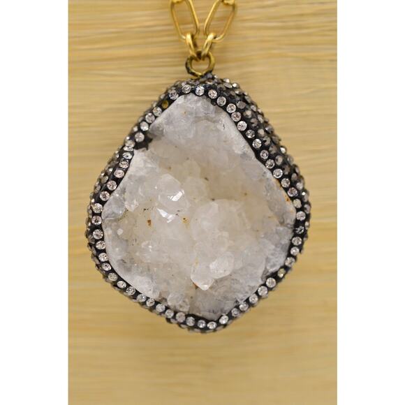 Janna Conner Pendant Necklace Crystal Geode Rhinestone Gold Sparkling 9J - Picture 2 of 12